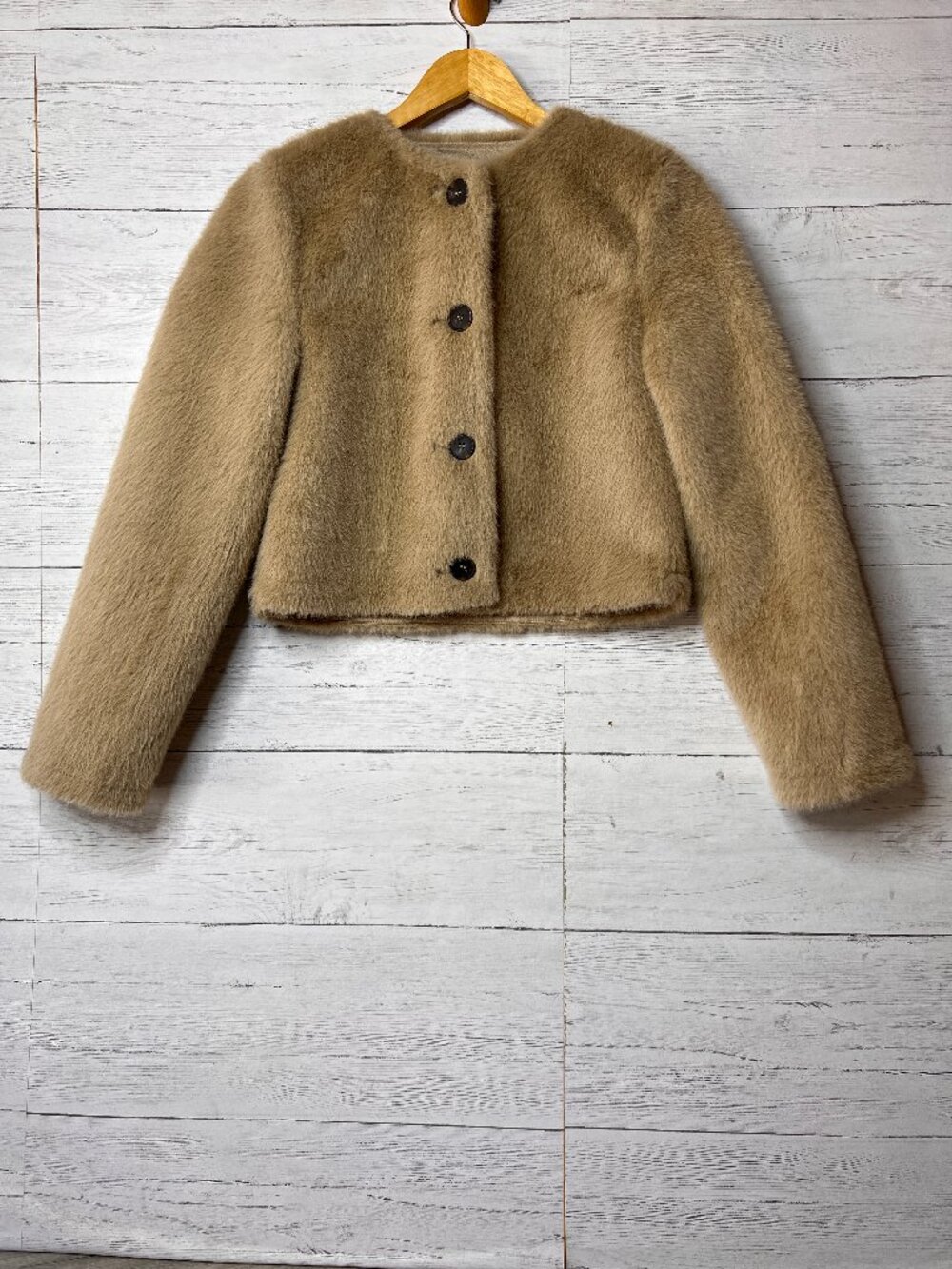 Zara Jacket Womens Size XS Tan Short Faux Fur Button Down Cropped Contemporary